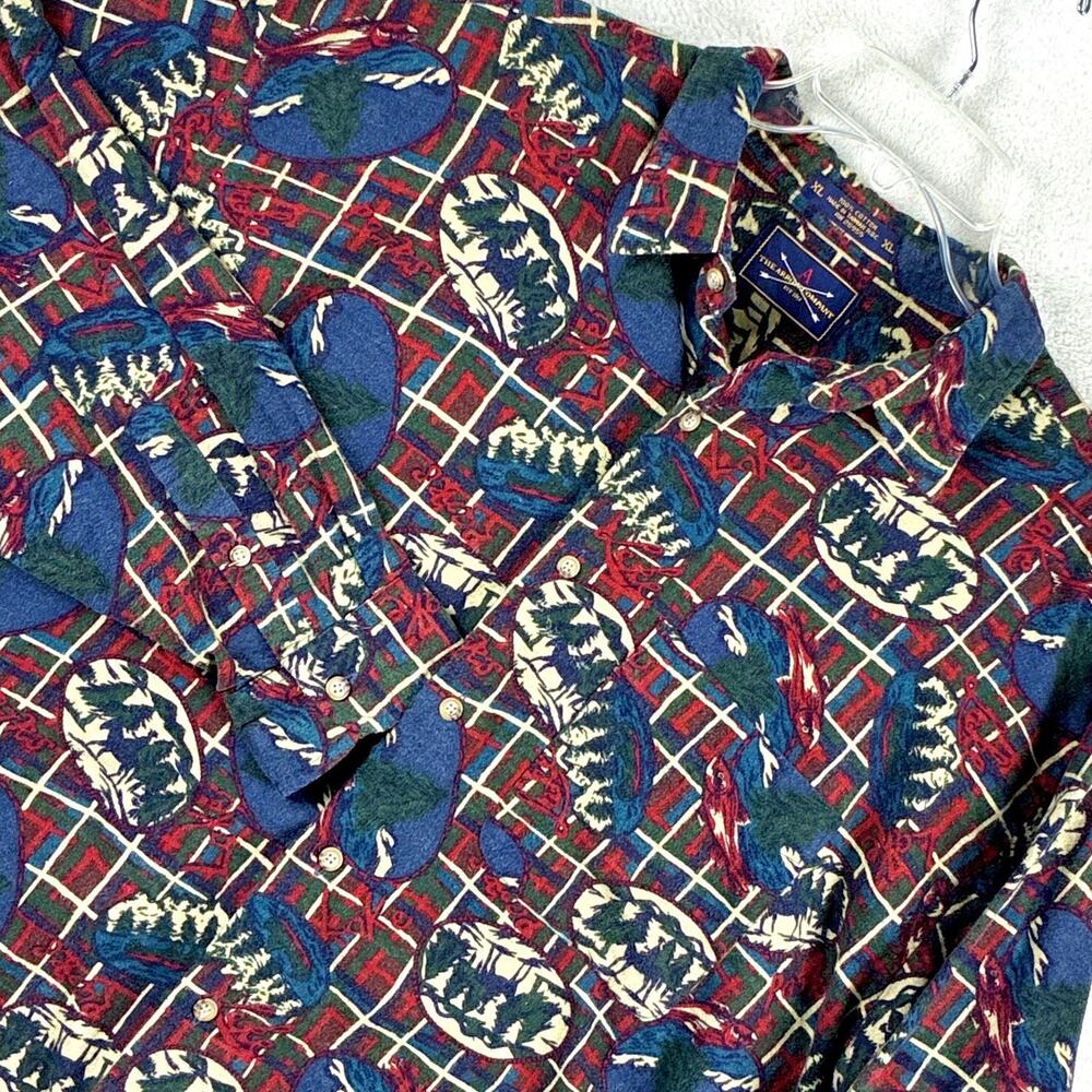 VTG Arrow Co Flannel Shirt Mens XL Red Plaid Outdoors Nature Mountains Trees AOP